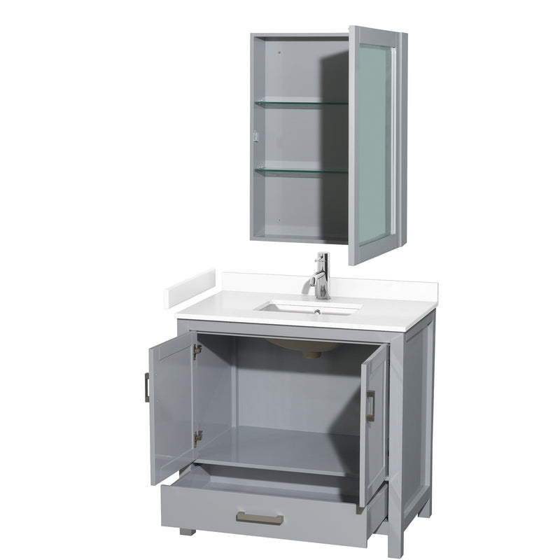 Wyndham Sheffield 36" Single Bathroom Vanity In Gray with White Cultured Marble Countertop Undermount Square Sink and Medicine Cabinet WCS141436SGYWCUNSMED