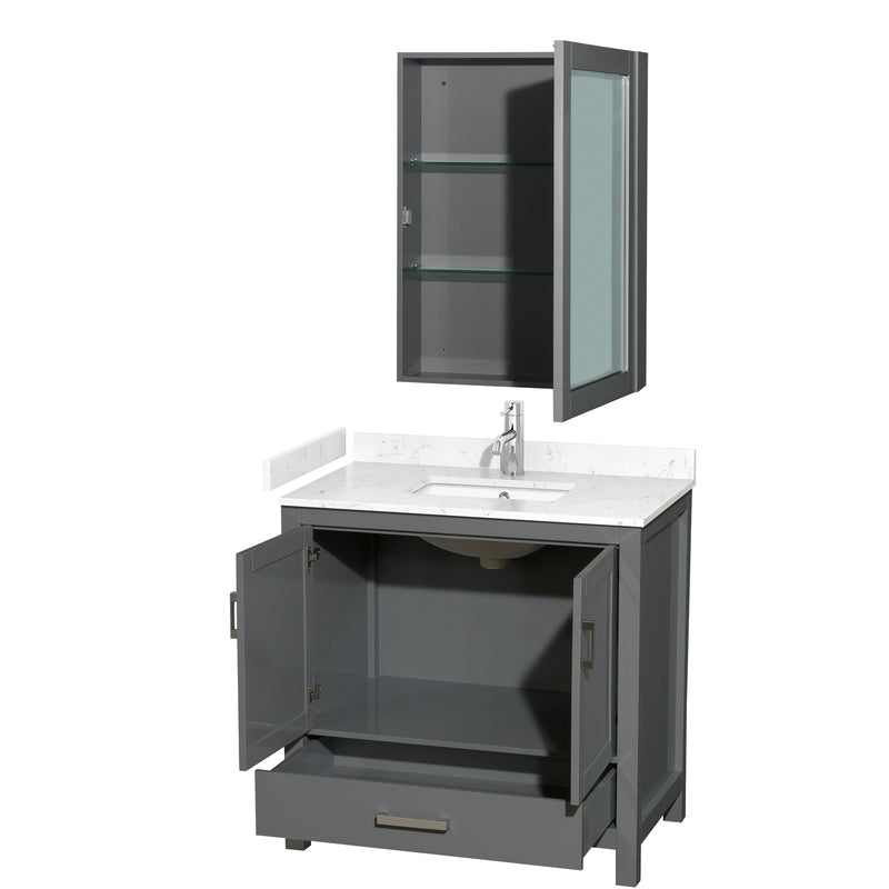 Wyndham Sheffield 36" Single Bathroom Vanity In Dark Gray with Carrara Cultured Marble Countertop Undermount Square Sink and Medicine Cabinet WCS141436SKGC2UNSMED