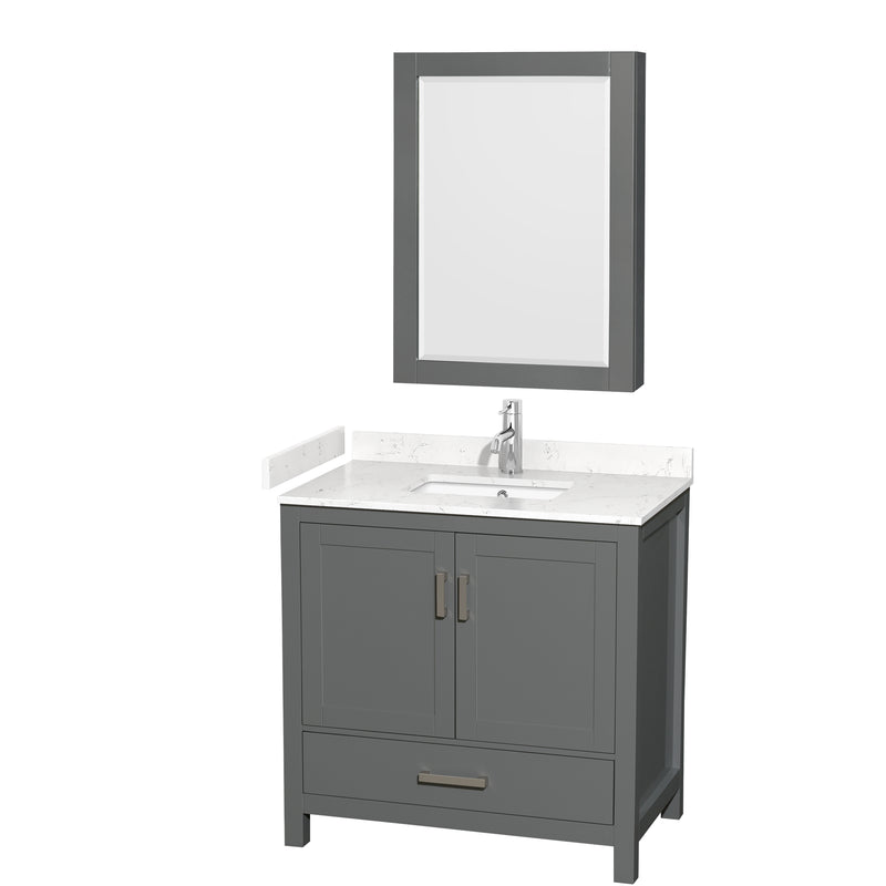 Wyndham Sheffield 36" Single Bathroom Vanity In Dark Gray With Carrara Cultured Marble Countertop Undermount Square Sink And Medicine Cabinet WCS141436SKGC2UNSMED