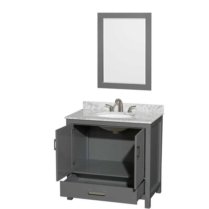 Wyndham Sheffield 36" Single Bathroom Vanity In Dark Gray with White Carrara Marble Countertop Undermount Oval Sink and 24" Mirror WCS141436SKGCMUNOM24