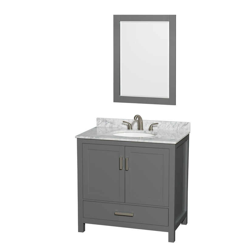 Wyndham Sheffield 36" Single Bathroom Vanity In Dark Gray With White Carrara Marble Countertop Undermount Oval Sink And 24" Mirror WCS141436SKGCMUNOM24