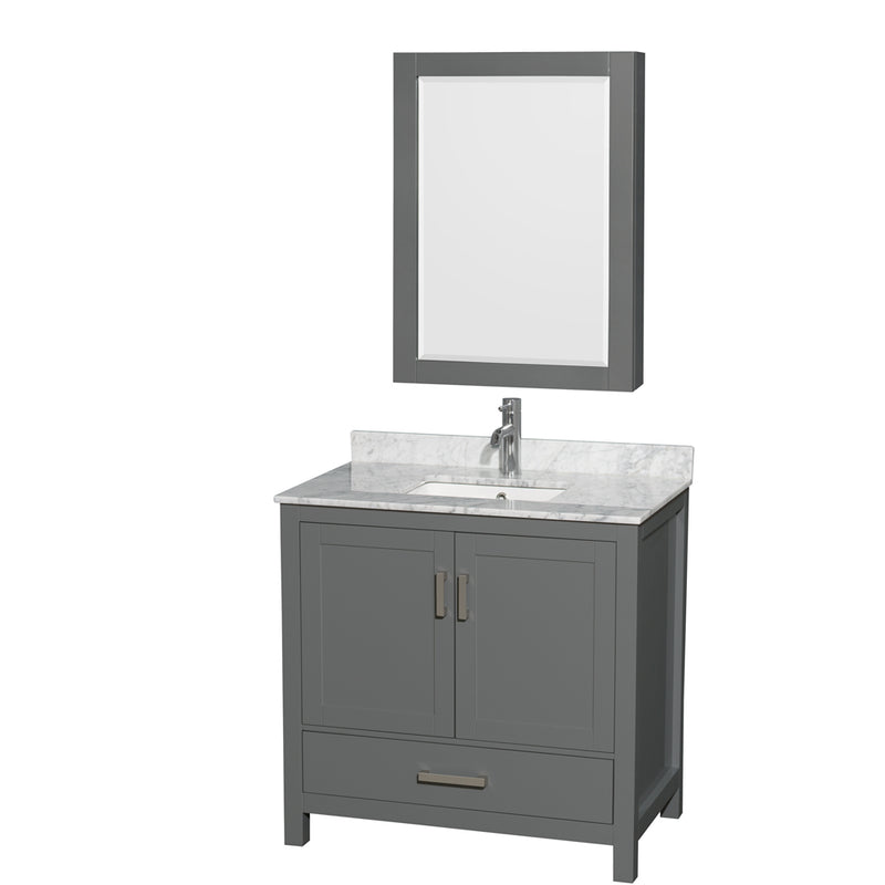 Wyndham Sheffield 36" Single Bathroom Vanity In Dark Gray With White Carrara Marble Countertop Undermount Square Sink And Medicine Cabinet WCS141436SKGCMUNSMED