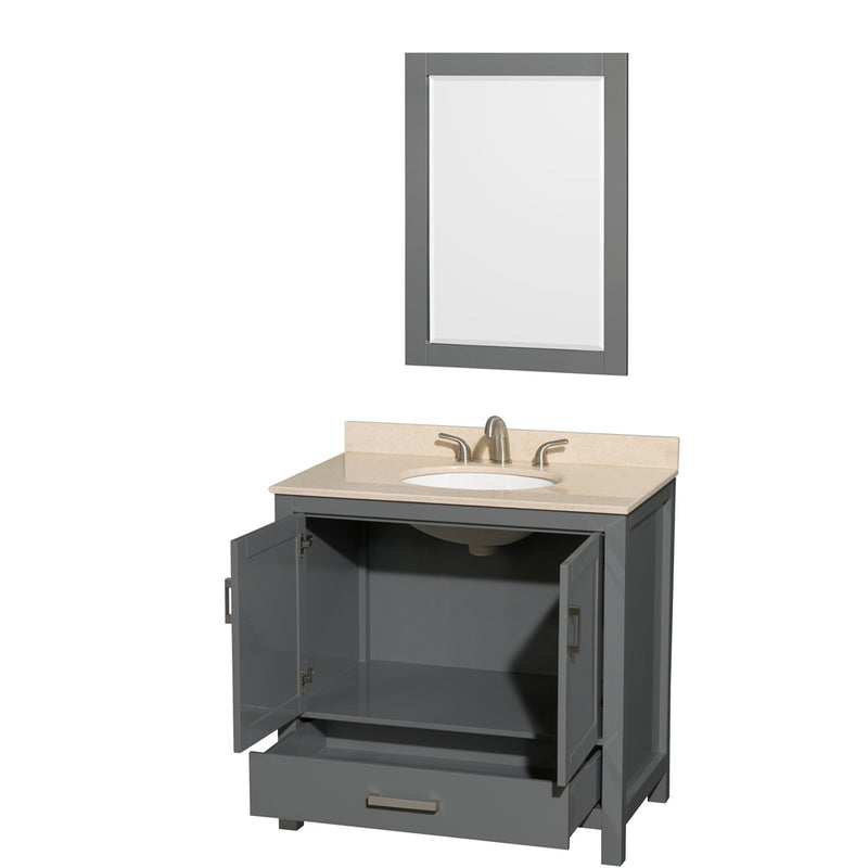 Wyndham AAA Sheffield 36" Single Bathroom Vanity In Dark Gray with Ivory Marble Countertop Undermount Oval Sink and 24" Mirror WCS141436SKGIVUNOM24