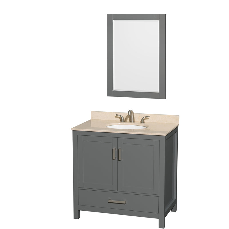 Wyndham AAA Sheffield 36" Single Bathroom Vanity In Dark Gray With Ivory Marble Countertop Undermount Oval Sink And 24" Mirror WCS141436SKGIVUNOM24