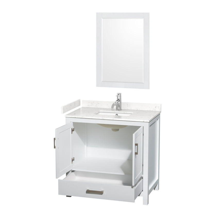 Wyndham Sheffield 36" Single Bathroom Vanity In White with Carrara Cultured Marble Countertop Undermount Square Sink and 24" Mirror WCS141436SWHC2UNSM24