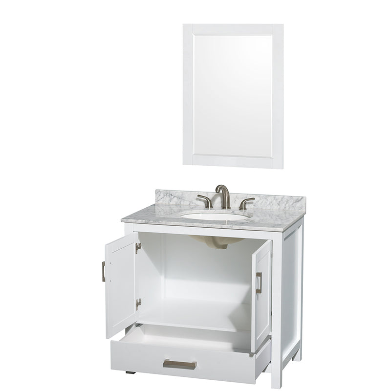 Wyndham Sheffield 36" Single Bathroom Vanity In White White Carrara Marble Countertop Undermount Oval Sink and 24" Mirror WCS141436SWHCMUNOM24