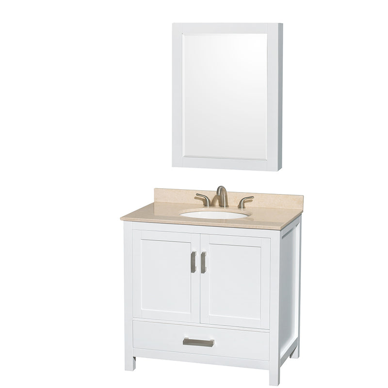 Wyndham AAA Sheffield 36" Single Bathroom Vanity In White Ivory Marble Countertop Undermount Oval Sink And Medicine Cabinet WCS141436SWHIVUNOMED