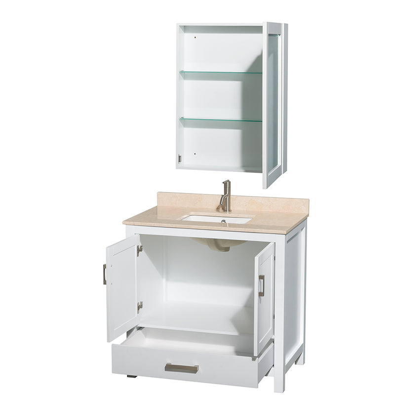 Wyndham AAA Sheffield 36" Single Bathroom Vanity In White Ivory Marble Countertop Undermount Square Sink and Medicine Cabinet WCS141436SWHIVUNSMED