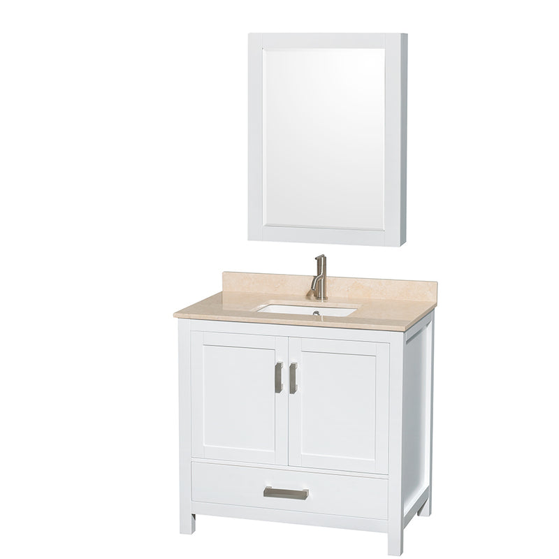 Wyndham AAA Sheffield 36" Single Bathroom Vanity In White Ivory Marble Countertop Undermount Square Sink And Medicine Cabinet WCS141436SWHIVUNSMED