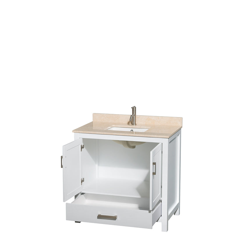 Wyndham AAA Sheffield 36" Single Bathroom Vanity In White Ivory Marble Countertop Undermount Square Sink and No Mirror WCS141436SWHIVUNSMXX