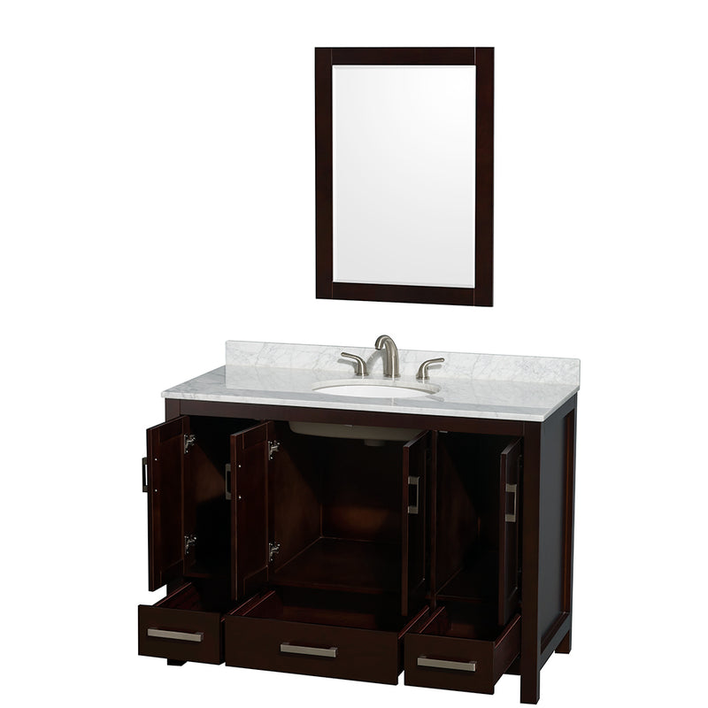 Wyndham Sheffield 48" Single Bathroom Vanity In Espresso White Carrara Marble Countertop Undermount Oval Sink and 24" Mirror WCS141448SESCMUNOM24