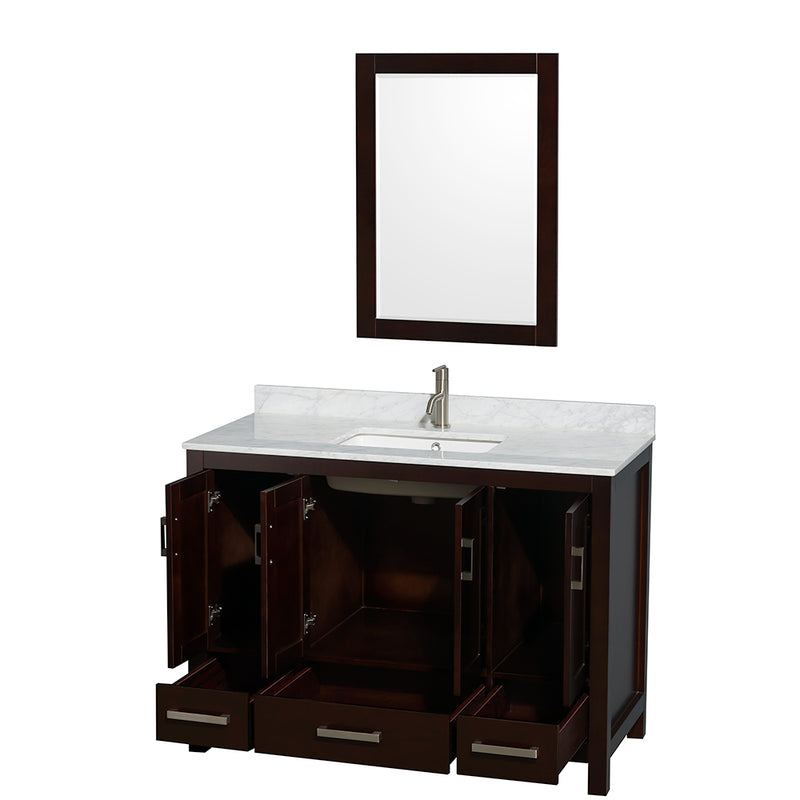 Wyndham Sheffield 48" Single Bathroom Vanity In Espresso White Carrara Marble Countertop Undermount Square Sink and 24" Mirror WCS141448SESCMUNSM24