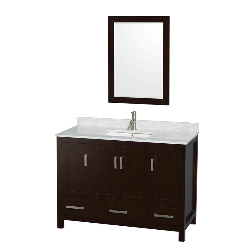 Wyndham Sheffield 48" Single Bathroom Vanity In Espresso White Carrara Marble Countertop Undermount Square Sink And 24" Mirror WCS141448SESCMUNSM24