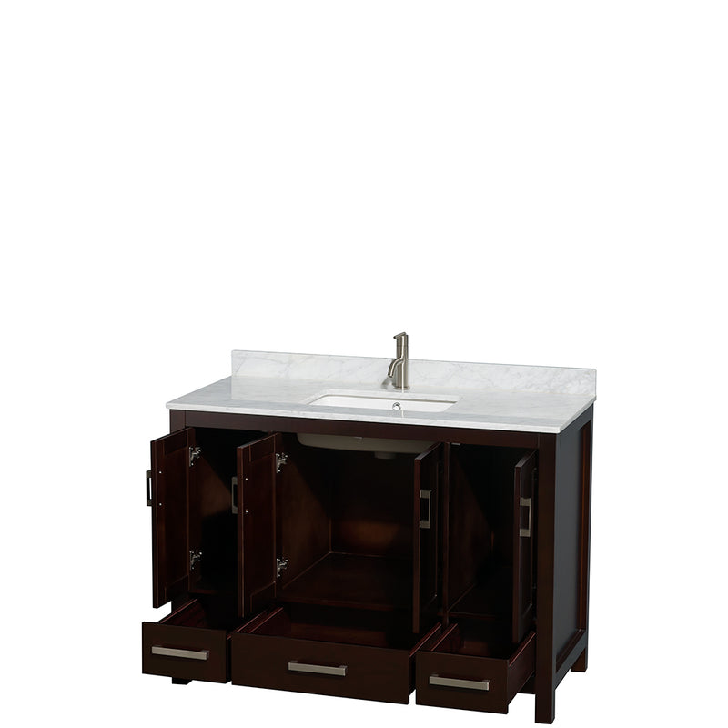 Wyndham Sheffield 48" Single Bathroom Vanity In Espresso White Carrara Marble Countertop Undermount Square Sink and No Mirror WCS141448SESCMUNSMXX