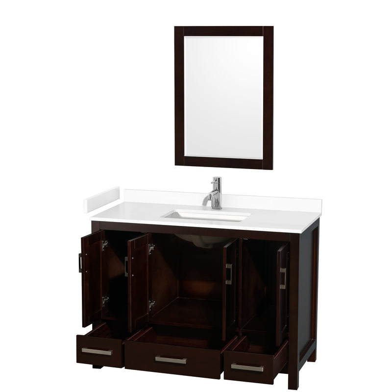 Wyndham Sheffield 48" Single Bathroom Vanity In Espresso with White Cultured Marble Countertop Undermount Square Sink and 24" Mirror WCS141448SESWCUNSM24