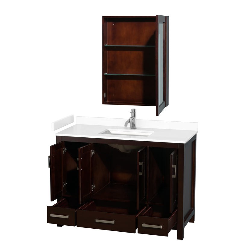 Wyndham Sheffield 48" Single Bathroom Vanity In Espresso with White Cultured Marble Countertop Undermount Square Sink and Medicine Cabinet WCS141448SESWCUNSMED