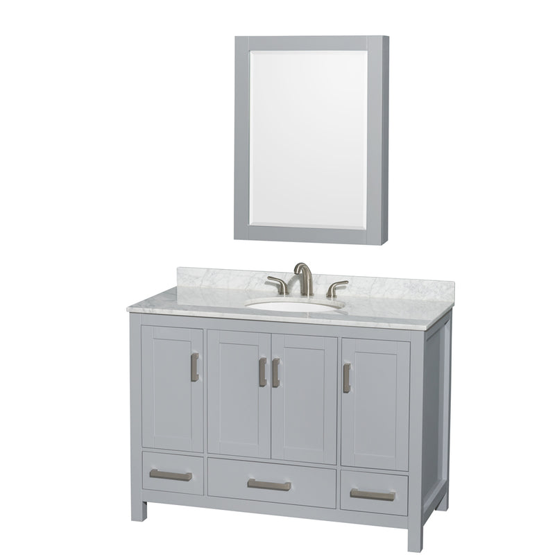 Wyndham Sheffield 48" Single Bathroom Vanity In Gray With White Carrara Marble Countertop Undermount Oval Sink And Medicine Cabinet WCS141448SGYCMUNOMED