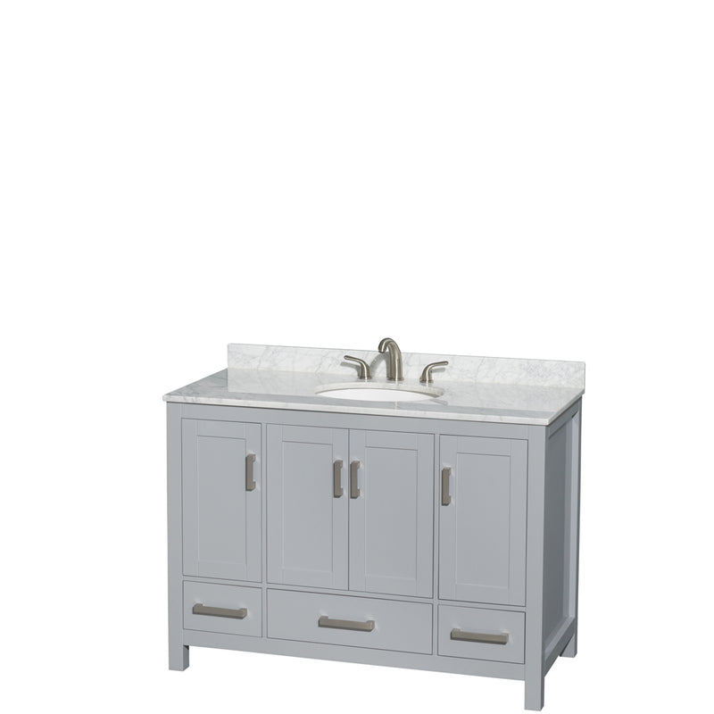 Wyndham Sheffield 48" Single Bathroom Vanity In Gray With White Carrara Marble Countertop Undermount Oval Sink And No Mirror WCS141448SGYCMUNOMXX