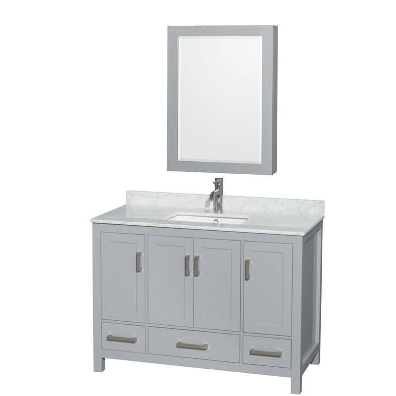 Wyndham Sheffield 48" Single Bathroom Vanity In Gray With White Carrara Marble Countertop Undermount Square Sink And Medicine Cabinet WCS141448SGYCMUNSMED