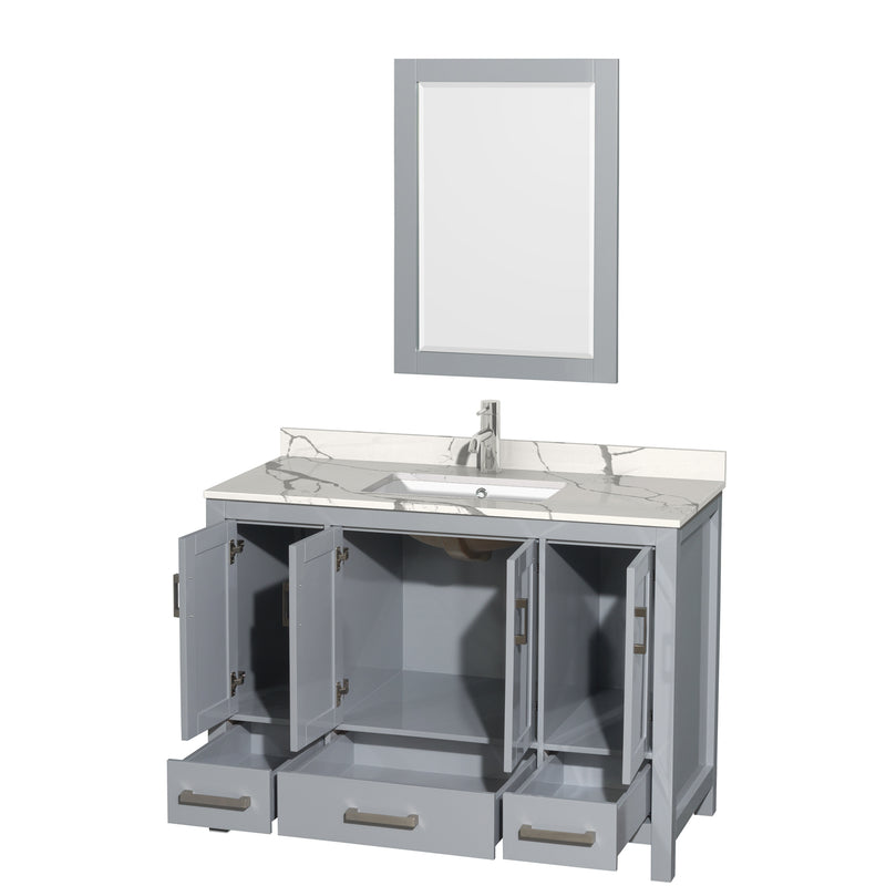 Wyndham AAA Sheffield 48" Single Bathroom Vanity In Gray with Calacatta Quartz Countertop Undermount Square Sink and 24" Mirror WCS141448SGYCQUNSM24