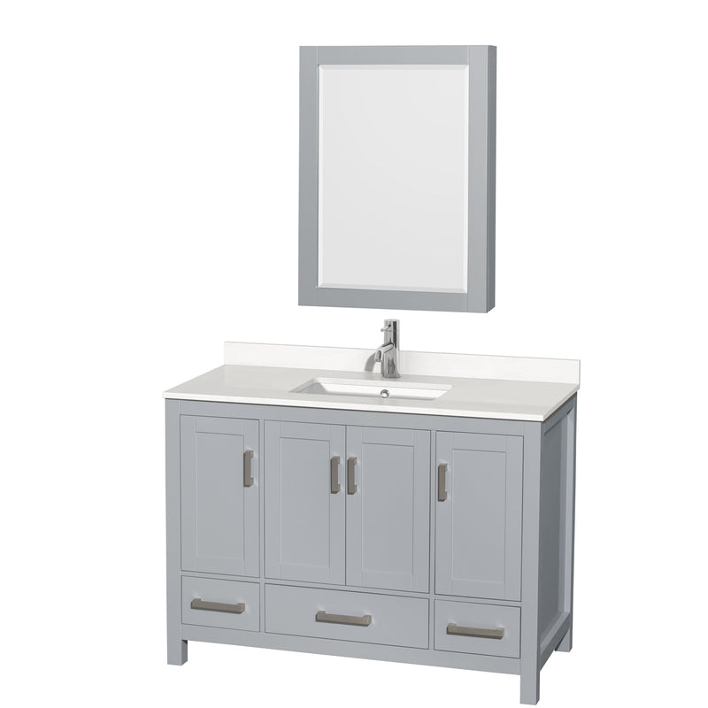 Wyndham AAA Sheffield 48" Single Bathroom Vanity In Gray With White Quartz Countertop Undermount Square Sink And Medicine Cabinet WCS141448SGYWQUNSMED