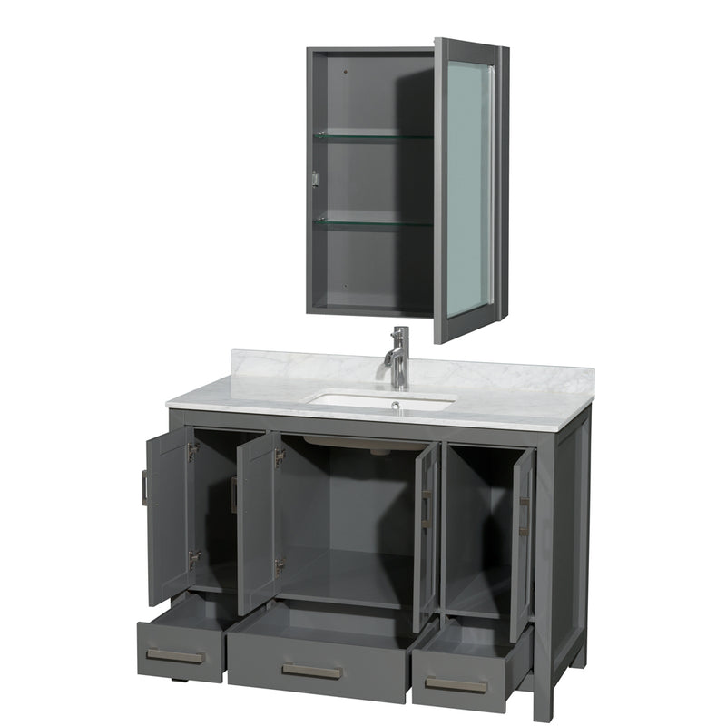 Wyndham Sheffield 48" Single Bathroom Vanity In Dark Gray with White Carrara Marble Countertop Undermount Square Sink and Medicine Cabinet WCS141448SKGCMUNSMED