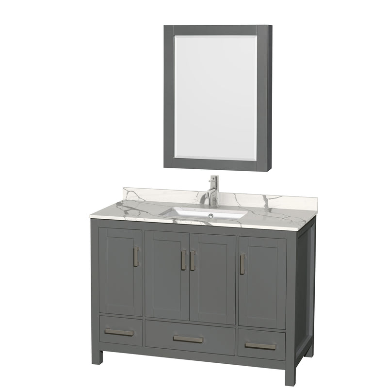 Wyndham AAA Sheffield 48" Single Bathroom Vanity In Dark Gray With Calacatta Quartz Countertop Undermount Square Sink And Medicine Cabinet WCS141448SKGCQUNSMED