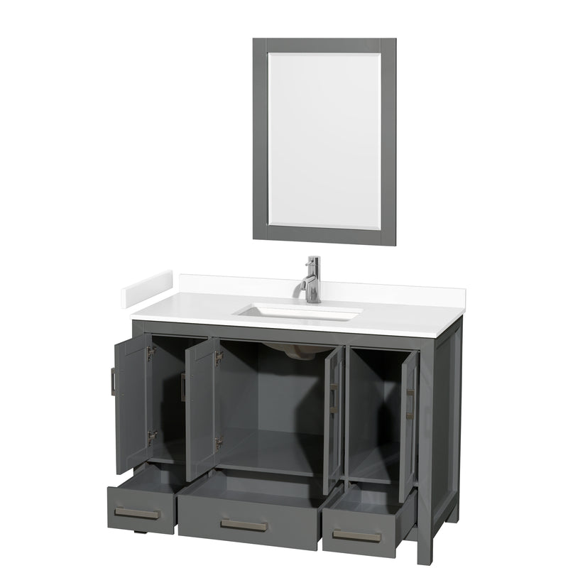 Wyndham Sheffield 48" Single Bathroom Vanity In Dark Gray with White Cultured Marble Countertop Undermount Square Sink and 24" Mirror WCS141448SKGWCUNSM24