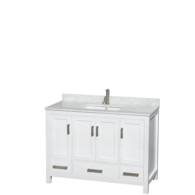 Wyndham Sheffield 48" Single Bathroom Vanity In White White Carrara Marble Countertop Undermount Square Sink and Medicine Cabinet WCS141448SWHCMUNSMED