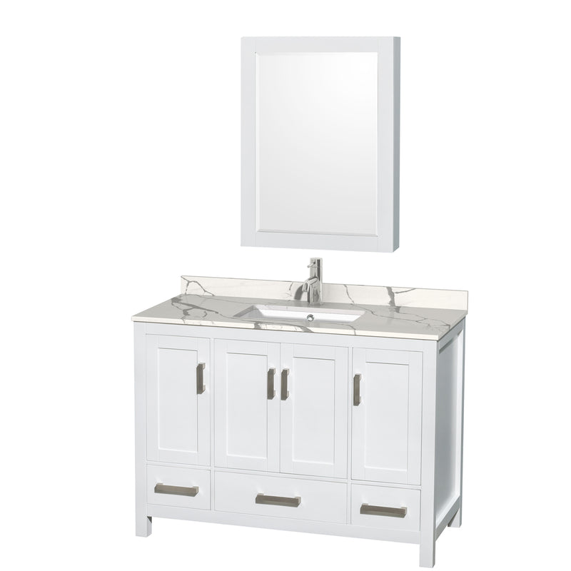 Wyndham AAA Sheffield 48" Single Bathroom Vanity In White With Calacatta Quartz Countertop Undermount Square Sink And Medicine Cabinet WCS141448SWHCQUNSMED