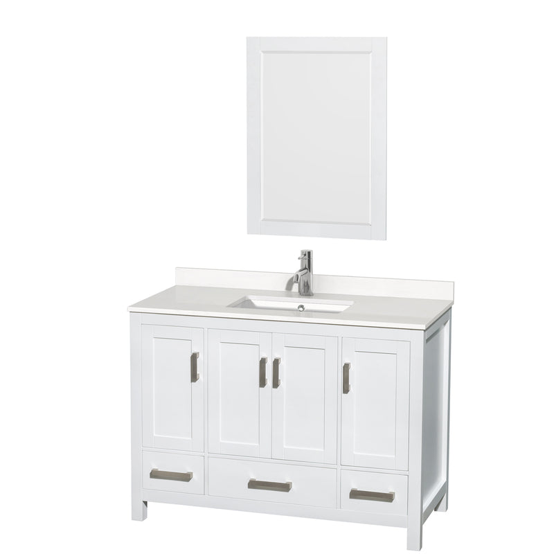 Wyndham AAA Sheffield 48" Single Bathroom Vanity In White With White Quartz Countertop Undermount Square Sink And 24" Mirror WCS141448SWHWQUNSM24