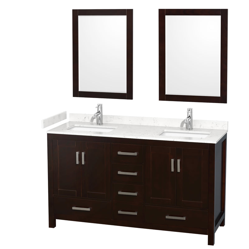 Wyndham Sheffield 60" Double Bathroom Vanity In Espresso With Carrara Cultured Marble Countertop Undermount Square Sinks And 24" Mirrors WCS141460DESC2UNSM24