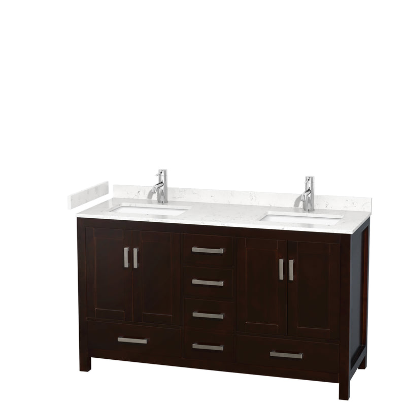 Wyndham Sheffield 60" Double Bathroom Vanity In Espresso With Carrara Cultured Marble Countertop Undermount Square Sinks And No Mirror WCS141460DESC2UNSMXX