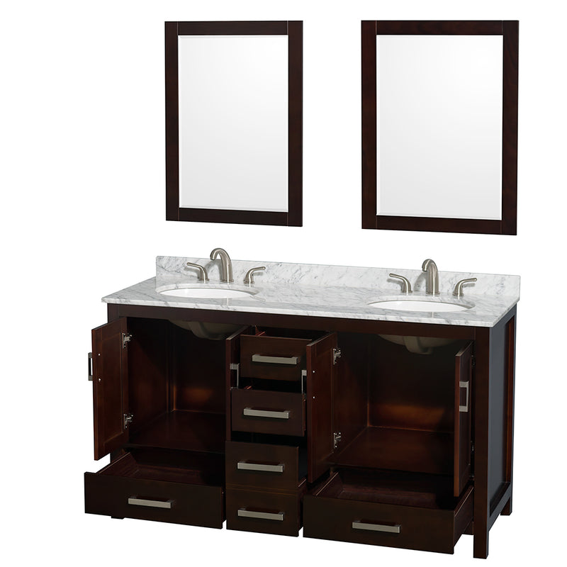 Wyndham Sheffield 60" Double Bathroom Vanity In Espresso White Carrara Marble Countertop Undermount Oval Sinks and 24" Mirrors WCS141460DESCMUNOM24