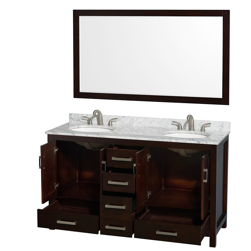 Wyndham Sheffield 60" Double Bathroom Vanity In Espresso White Carrara Marble Countertop Undermount Oval Sinks and 58" Mirror WCS141460DESCMUNOM58