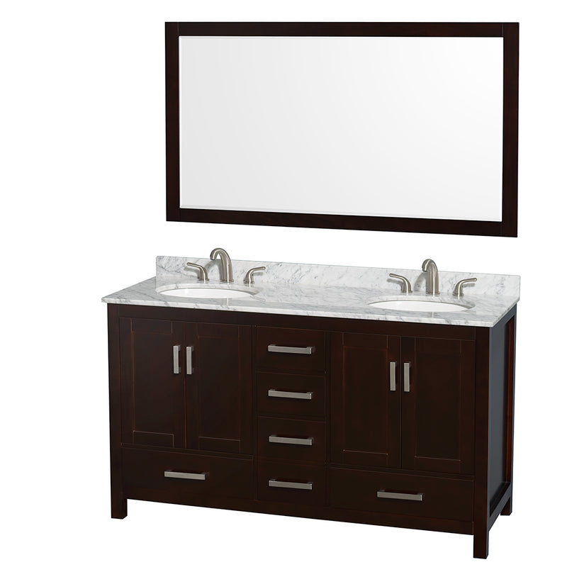 Wyndham Sheffield 60" Double Bathroom Vanity In Espresso White Carrara Marble Countertop Undermount Oval Sinks And 58" Mirror WCS141460DESCMUNOM58