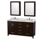 Wyndham Sheffield 60" Double Bathroom Vanity In Espresso White Carrara Marble Countertop Undermount Oval Sinks And Medicine Cabinets WCS141460DESCMUNOMED