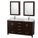 Wyndham Sheffield 60" Double Bathroom Vanity In Espresso White Carrara Marble Countertop Undermount Square Sinks And Medicine Cabinets WCS141460DESCMUNSMED