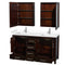 Wyndham Sheffield 60" Double Bathroom Vanity In Espresso with White Cultured Marble Countertop Undermount Square Sinks and Medicine Cabinets WCS141460DESWCUNSMED