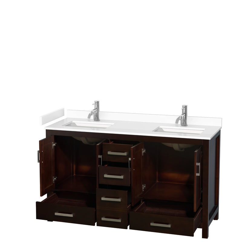 Wyndham Sheffield 60" Double Bathroom Vanity In Espresso with White Cultured Marble Countertop Undermount Square Sinks and No Mirror WCS141460DESWCUNSMXX