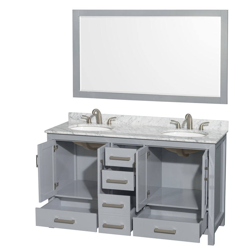 Wyndham Sheffield 60" Double Bathroom Vanity In Gray with White Carrara Marble Countertop Undermount Oval Sinks and 58" Mirror WCS141460DGYCMUNOM58