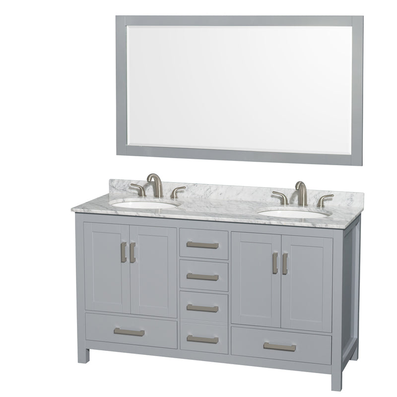 Wyndham Sheffield 60" Double Bathroom Vanity In Gray With White Carrara Marble Countertop Undermount Oval Sinks And 58" Mirror WCS141460DGYCMUNOM58