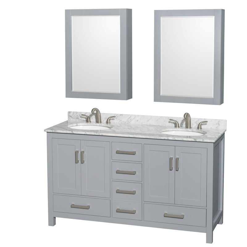 Wyndham Sheffield 60" Double Bathroom Vanity In Gray With White Carrara Marble Countertop Undermount Oval Sinks And Medicine Cabinets WCS141460DGYCMUNOMED