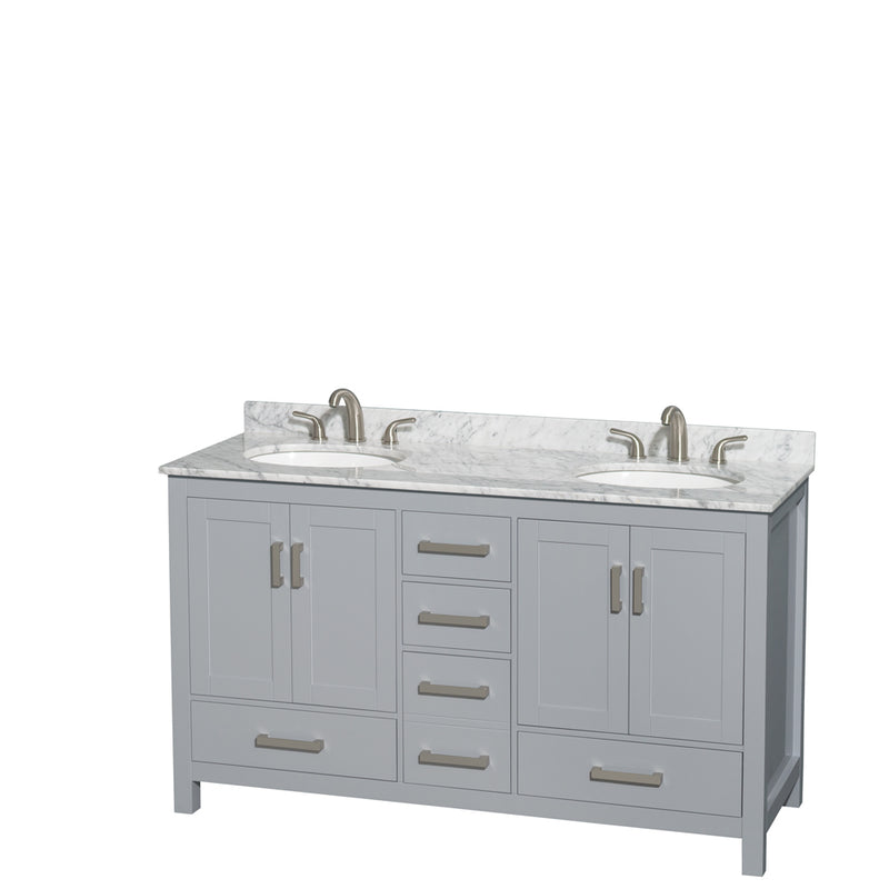 Wyndham Sheffield 60" Double Bathroom Vanity In Gray With White Carrara Marble Countertop Undermount Oval Sinks And No Mirror WCS141460DGYCMUNOMXX