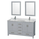 Wyndham Sheffield 60" Double Bathroom Vanity In Gray With White Carrara Marble Countertop Undermount Square Sinks And 24" Mirrors WCS141460DGYCMUNSM24