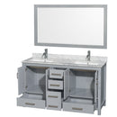 Wyndham Sheffield 60" Double Bathroom Vanity In Gray with White Carrara Marble Countertop Undermount Square Sinks and 58" Mirror WCS141460DGYCMUNSM58