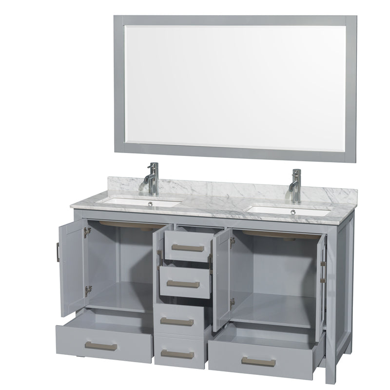 Wyndham Sheffield 60" Double Bathroom Vanity In Gray with White Carrara Marble Countertop Undermount Square Sinks and 58" Mirror WCS141460DGYCMUNSM58