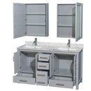 Wyndham Sheffield 60" Double Bathroom Vanity In Gray with White Carrara Marble Countertop Undermount Square Sinks and Medicine Cabinets WCS141460DGYCMUNSMED