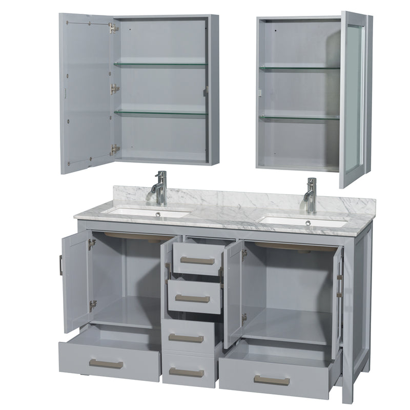 Wyndham Sheffield 60" Double Bathroom Vanity In Gray with White Carrara Marble Countertop Undermount Square Sinks and Medicine Cabinets WCS141460DGYCMUNSMED