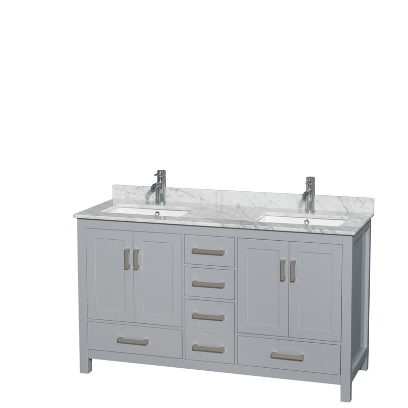 Wyndham Sheffield 60" Double Bathroom Vanity In Gray With White Carrara Marble Countertop Undermount Square Sinks And No Mirror WCS141460DGYCMUNSMXX